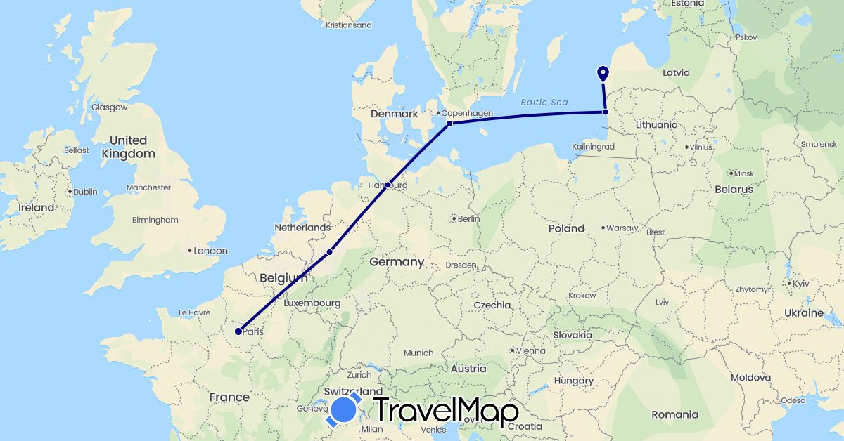 TravelMap itinerary: driving in Germany, France, Lithuania, Latvia, Sweden (Europe)